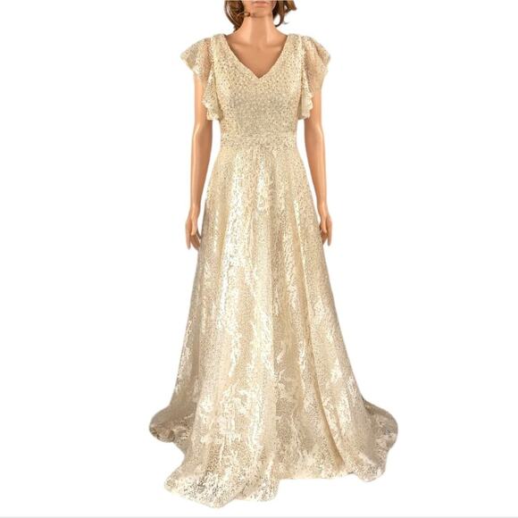 Mac Duggal Flutter Sleeve V-Neck Gown Ivory Nude Formal Maxi Beaded FLAWED - Picture 3 of 16